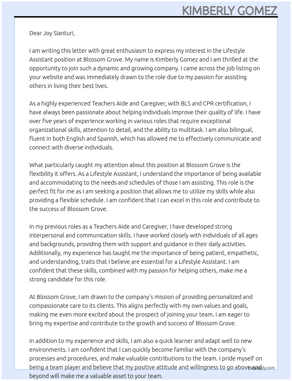 Lifestyle Assistant At Blossom Grove  Cover Letter
