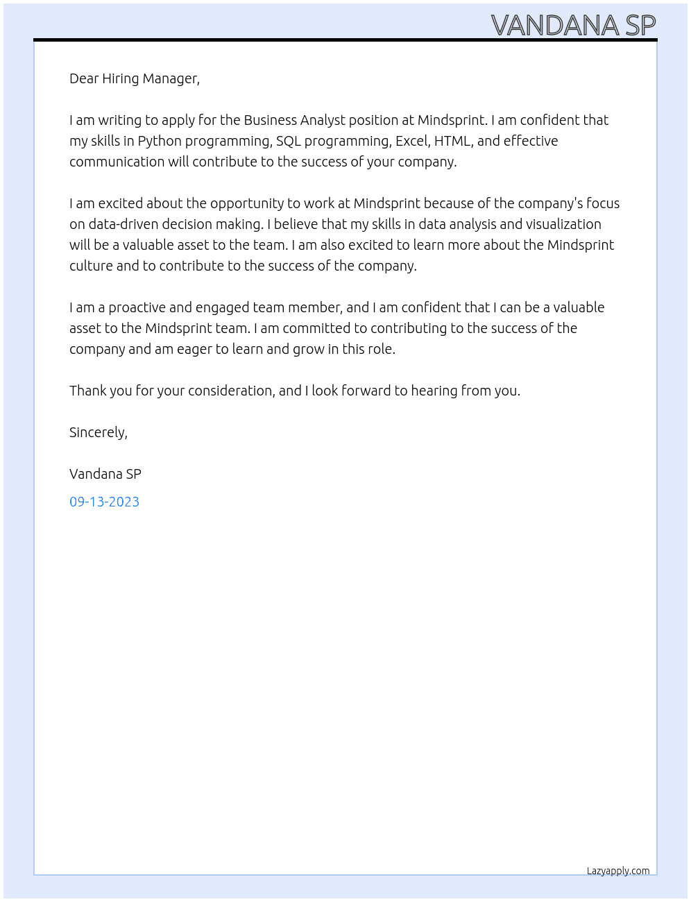 Business analysts  At Mindsprint Cover Letter