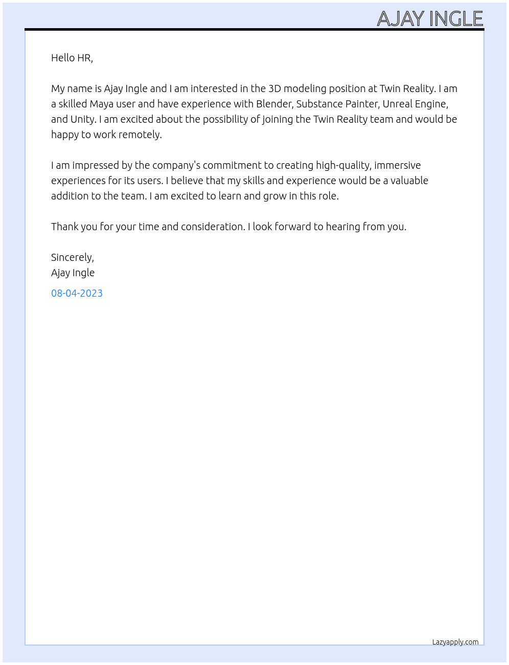 3d modling  At Twin Reality Cover Letter