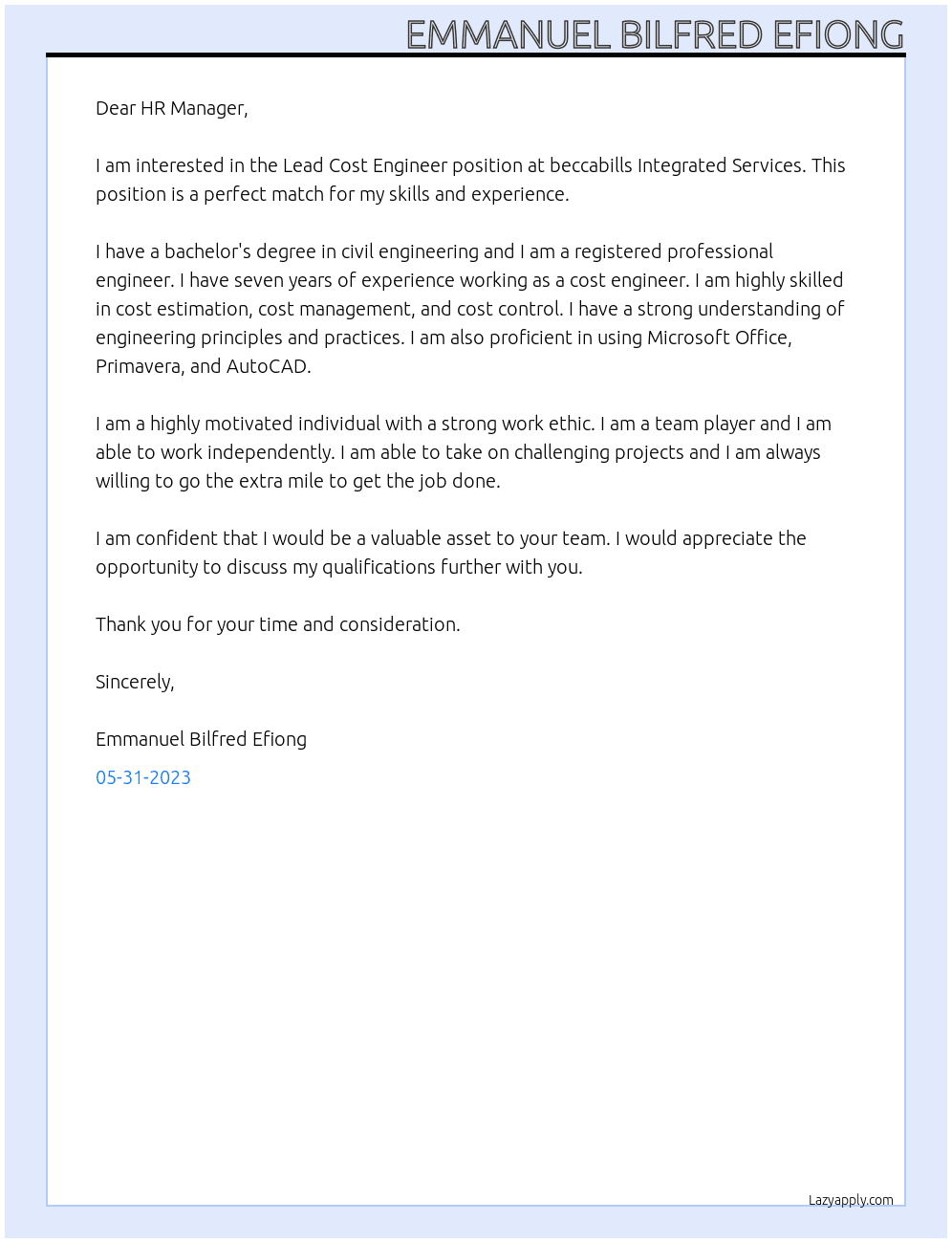 Lead Cost Engineer At beccabills Integrated Services Cover Letter