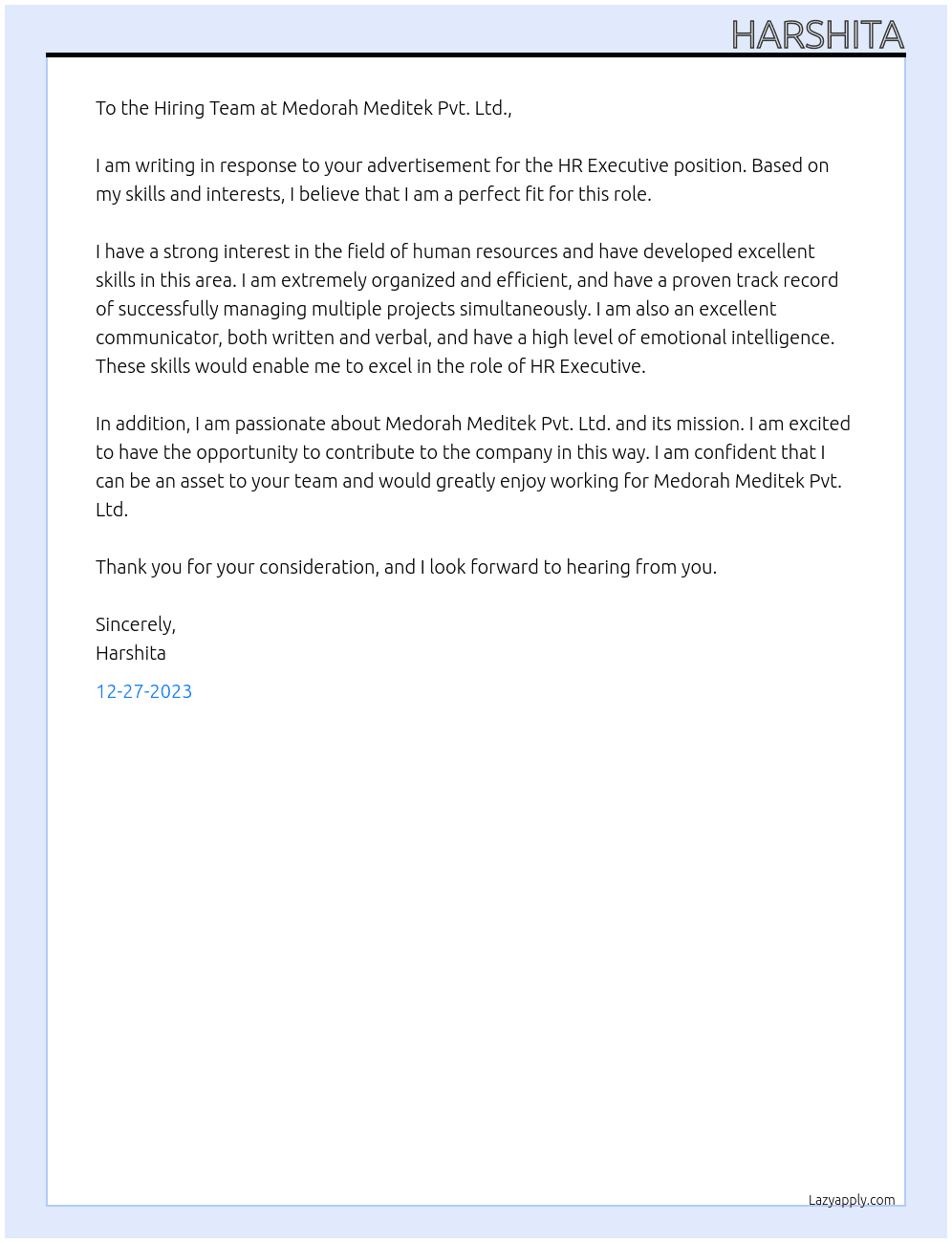 HR EXECUTIVE At Medorah Meditek pvt Ltd Cover Letter