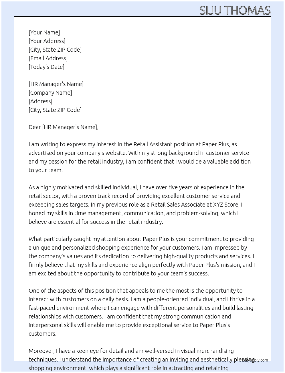 Retail Assistant At Paper Plus Cover Letter