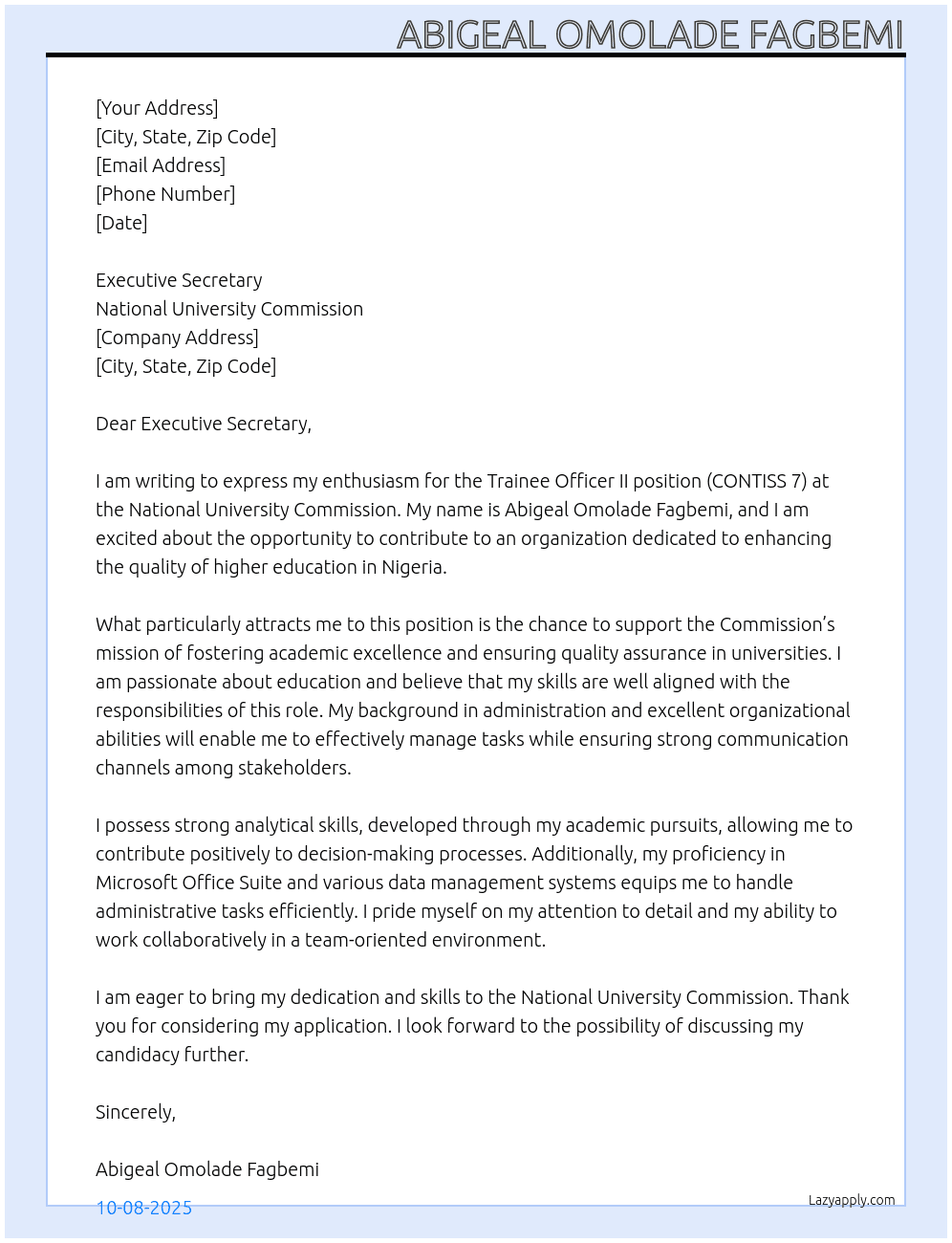 Trainee officer II ( CONTISS 7) At National university commission  Cover Letter
