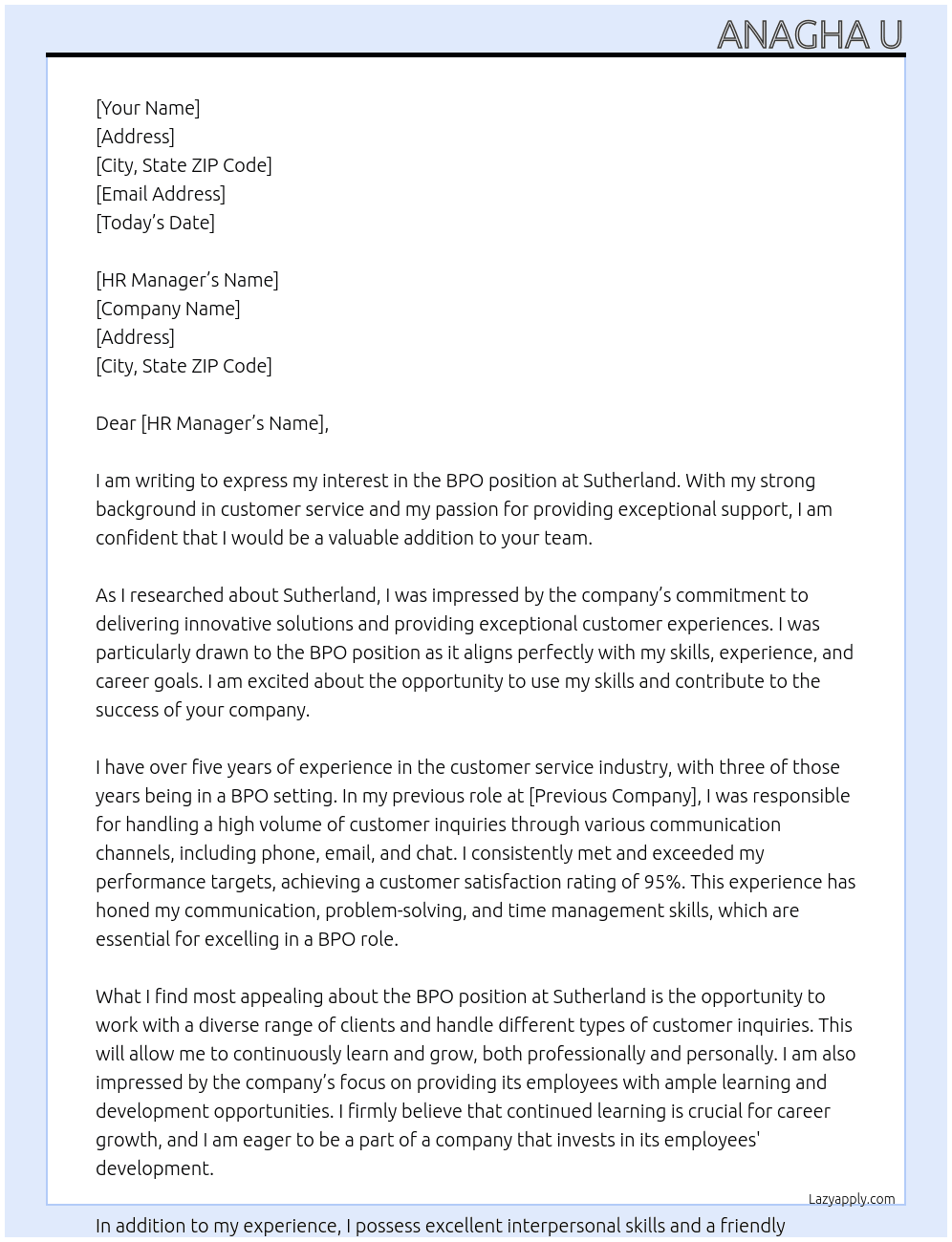 BPO At Sutherland  Cover Letter