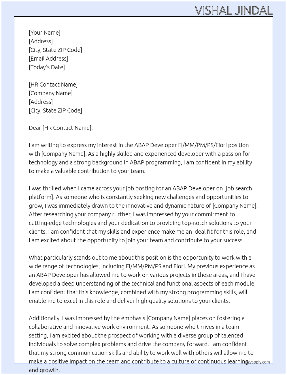 ABAP Developer FI/MM/PM/PS/Fiori At Embedded Search Cover Letter