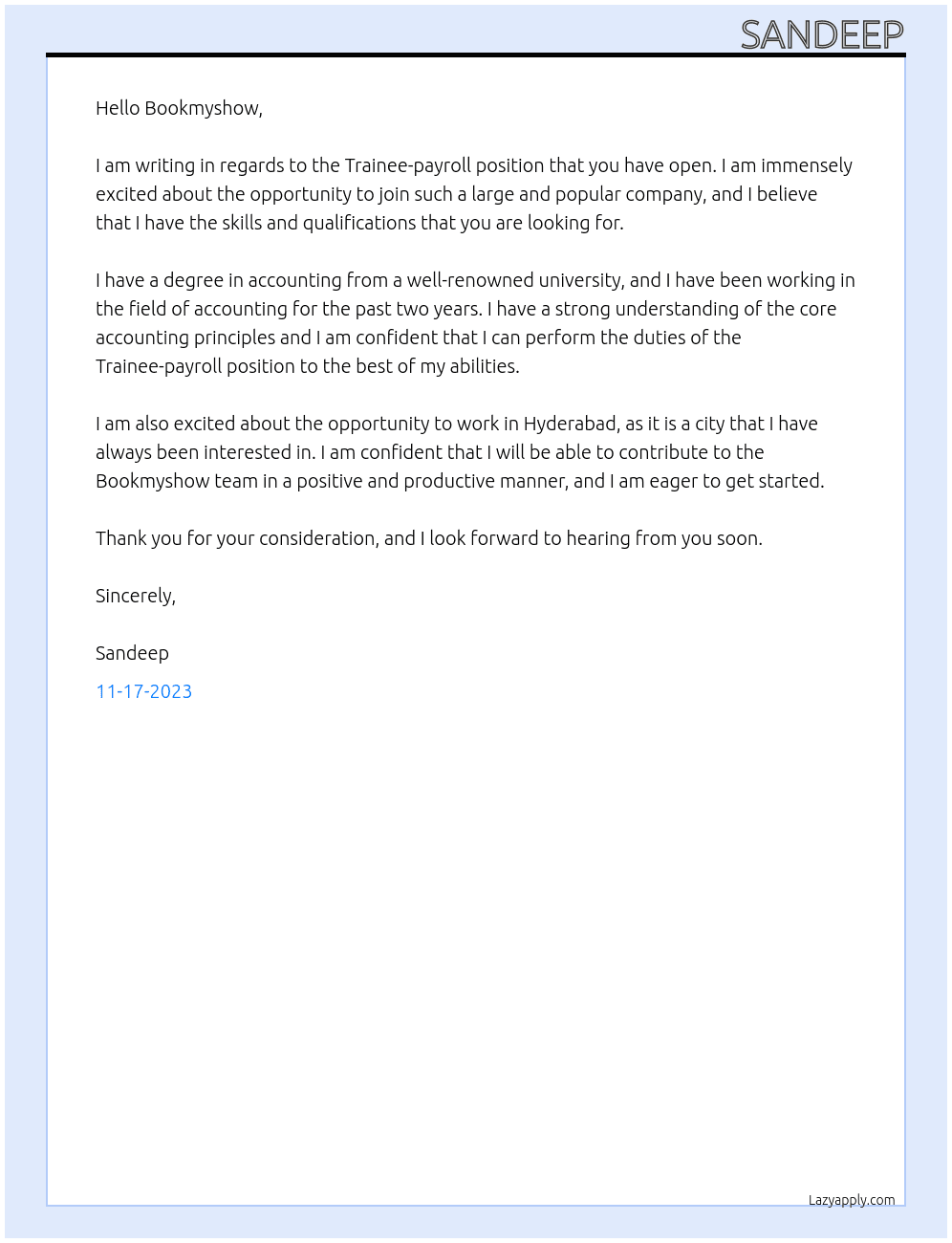 Trainee-payroll At Bookmyshow Cover Letter