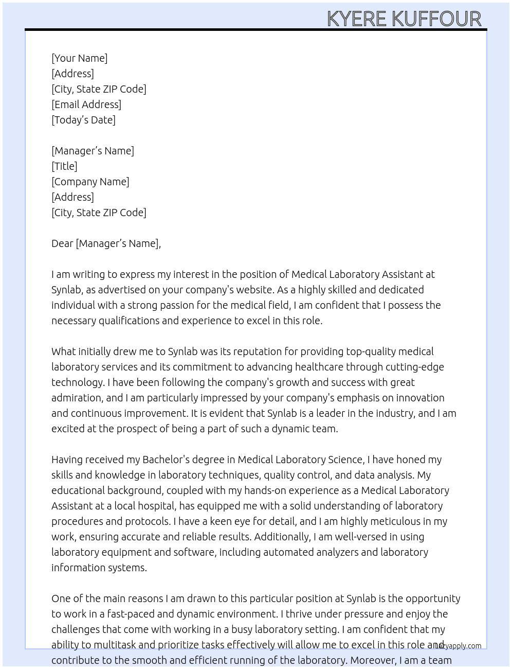 Medical laboratory assistant  At Synlab Cover Letter