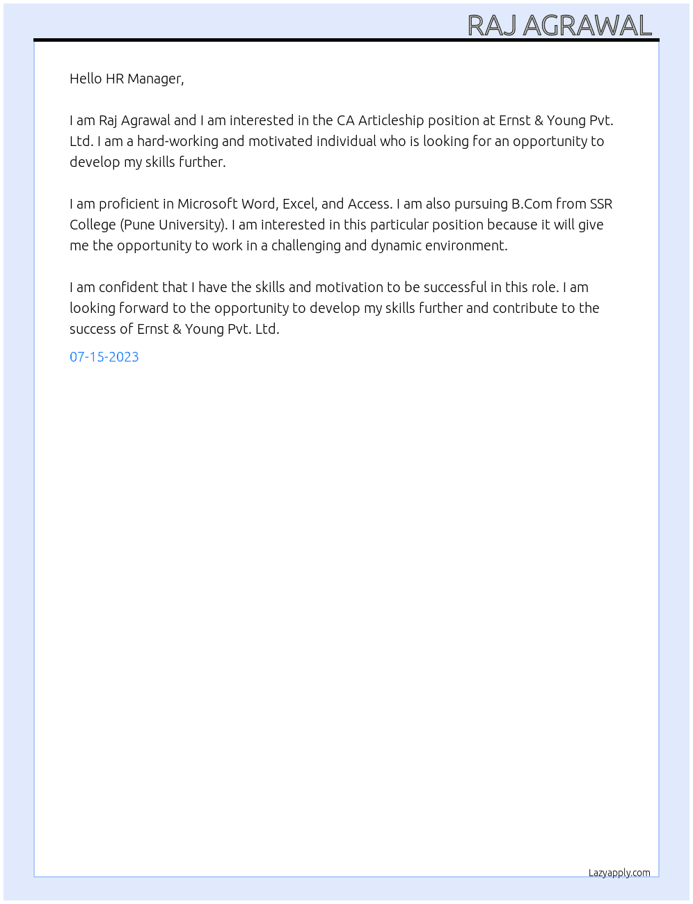 CA Articleship  At ERNST & YOUNG PVT . LTD.  Cover Letter