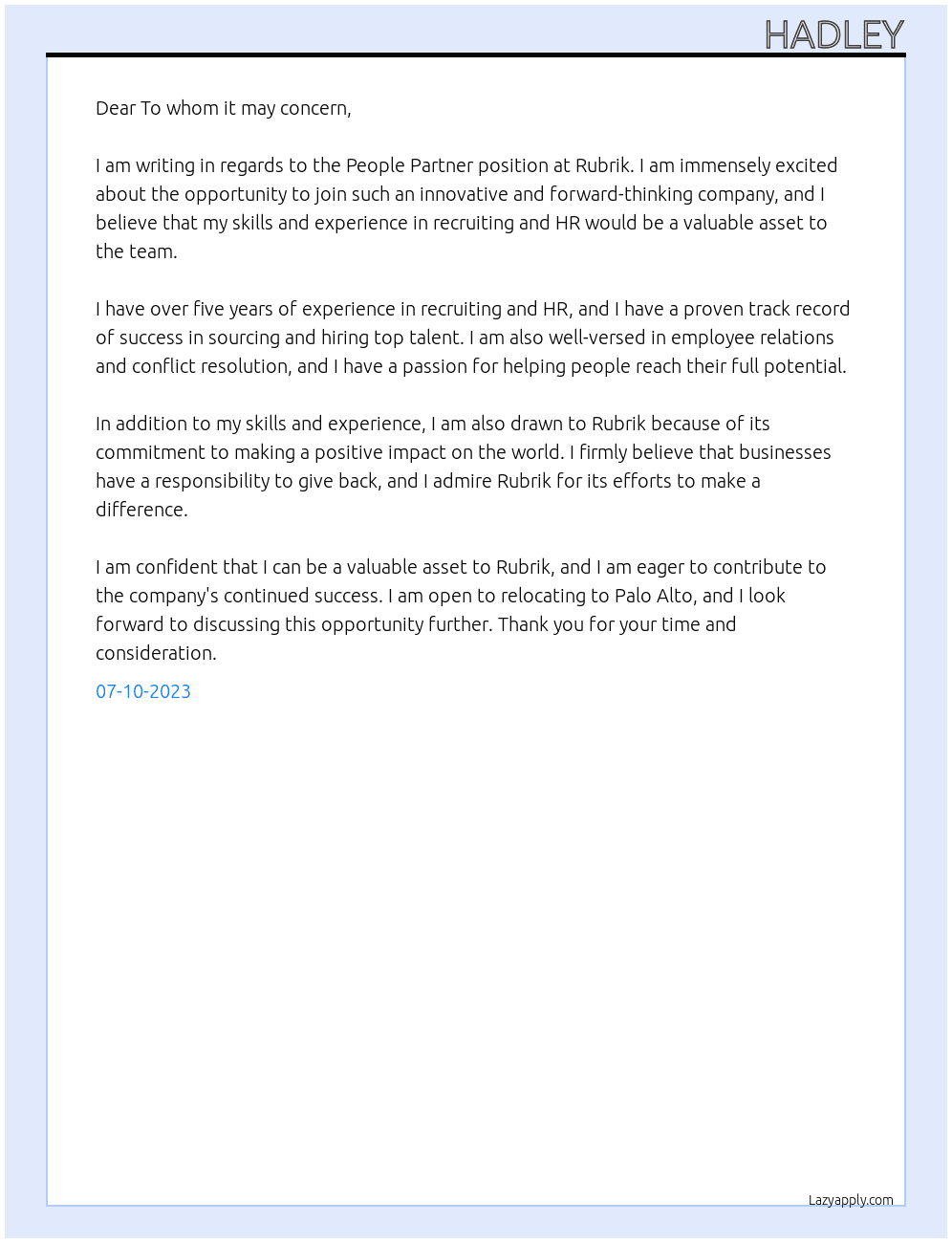 People Partner At Rubrik Cover Letter