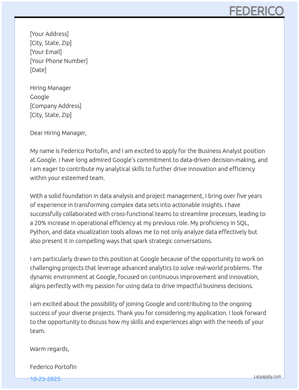 Business Analyst At Google Cover Letter