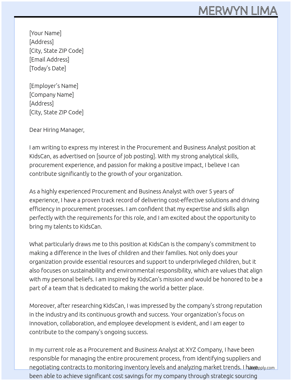 Procurement and Business Analyst At KidsCan Cover Letter
