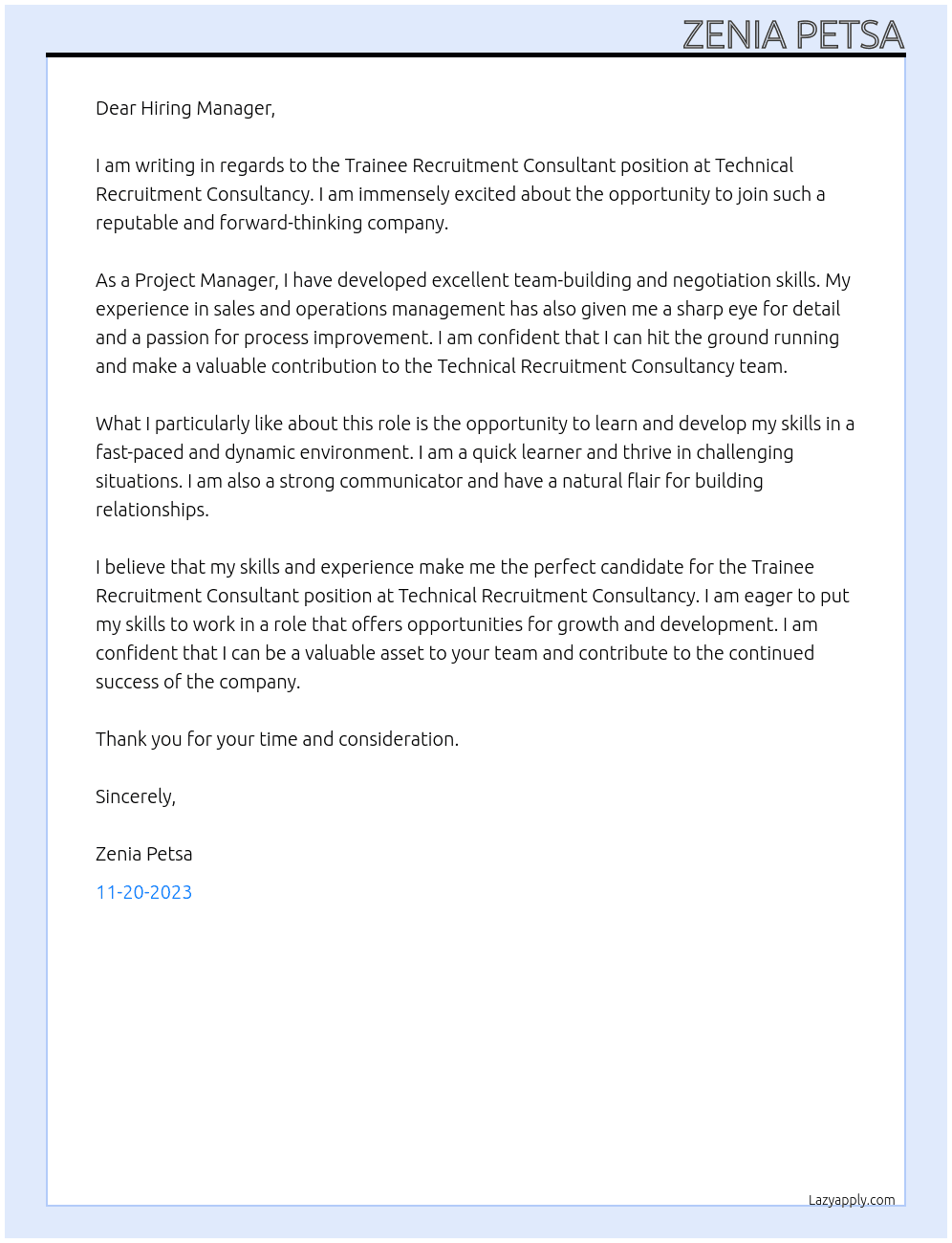 Trainee Recruitment Consultant At Technical Recruitment Consultancy Cover Letter