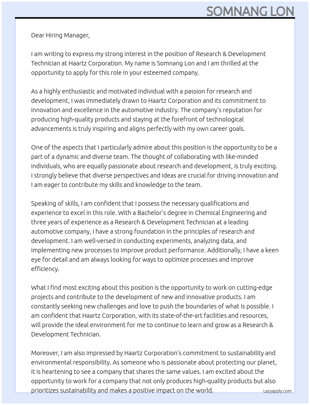 Research & Development Technician  At Haartz Corporation  Cover Letter