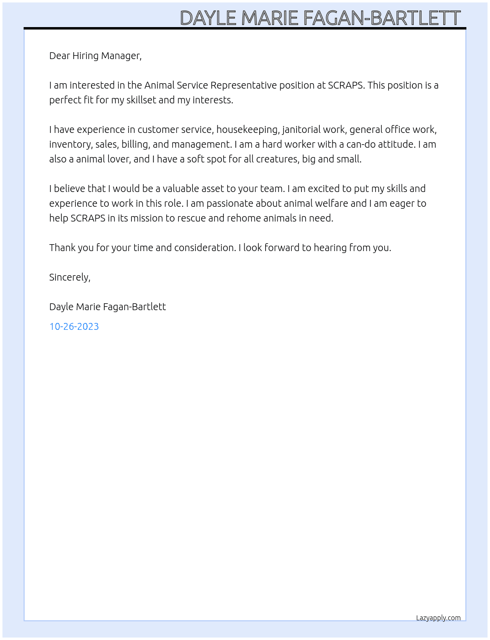 Animal Service Representative At SCRAPS Cover Letter