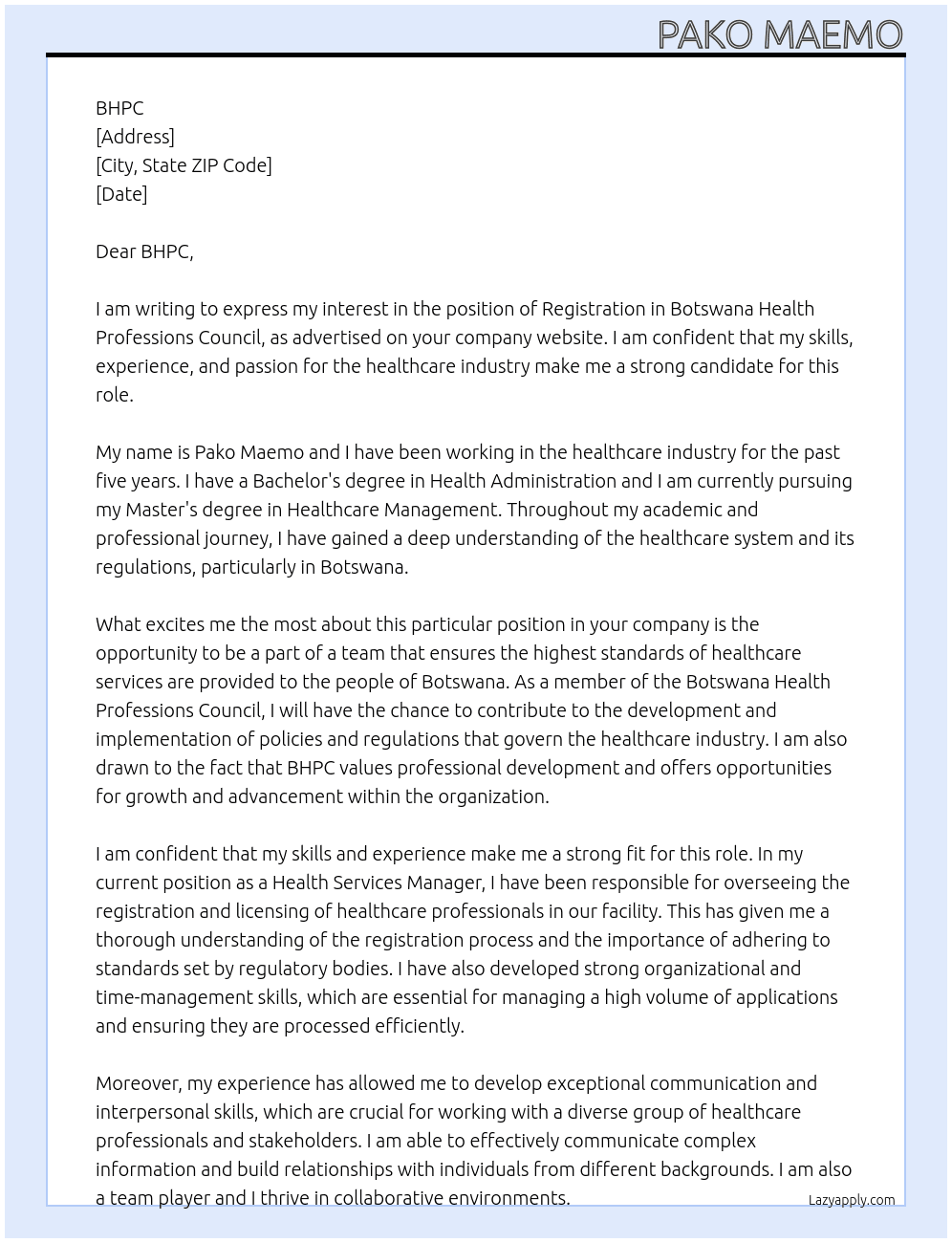 Registration in botswana health professions council At BHPC Cover Letter