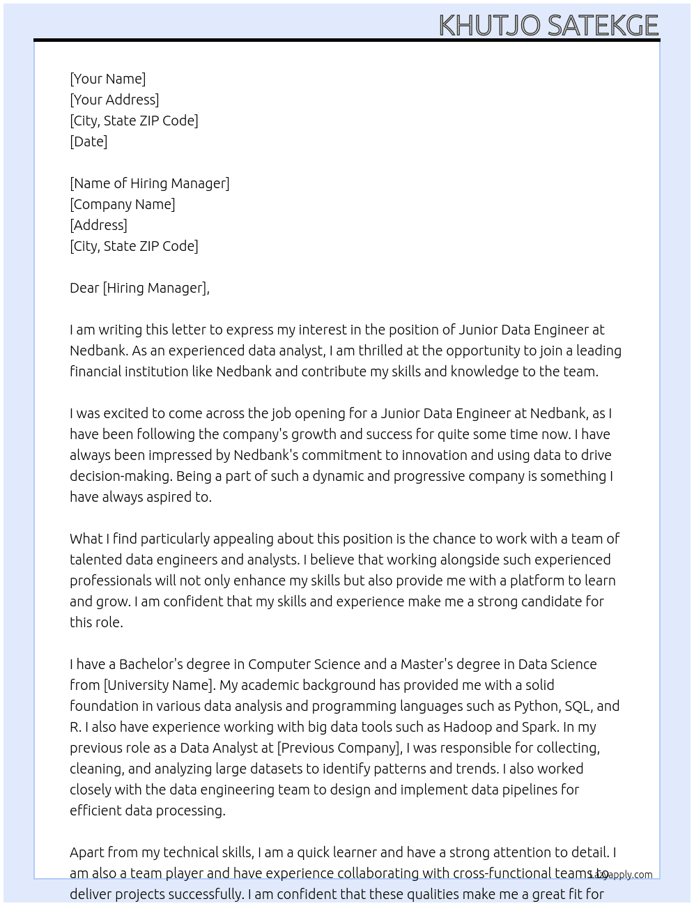 Junior Data Engineer At Nedbank Cover Letter