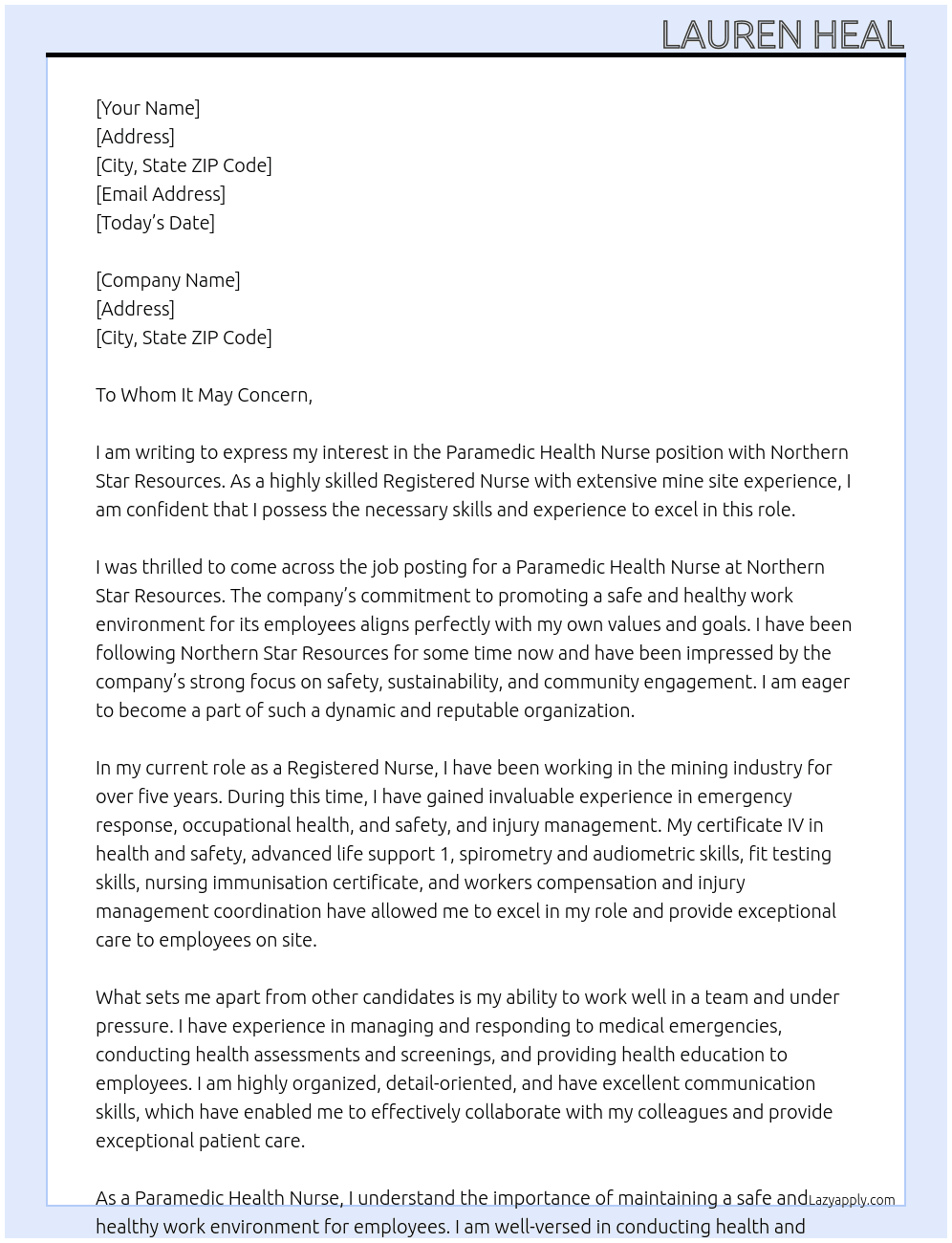 Paramedic Health Nurse  At Northern Star Resources  Cover Letter