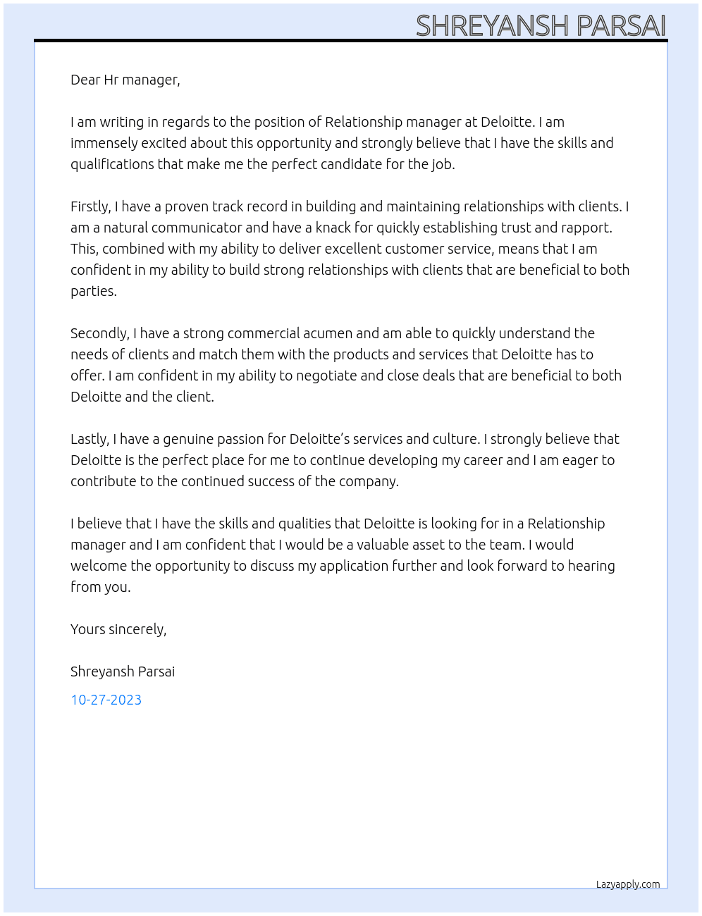 Relationship manager  At Deloitte  Cover Letter