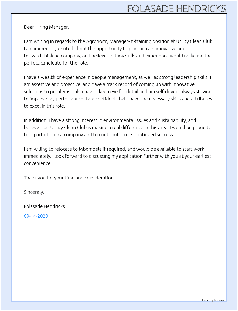 Agronomy Manager-in-training At Utility Clean Club Cover Letter