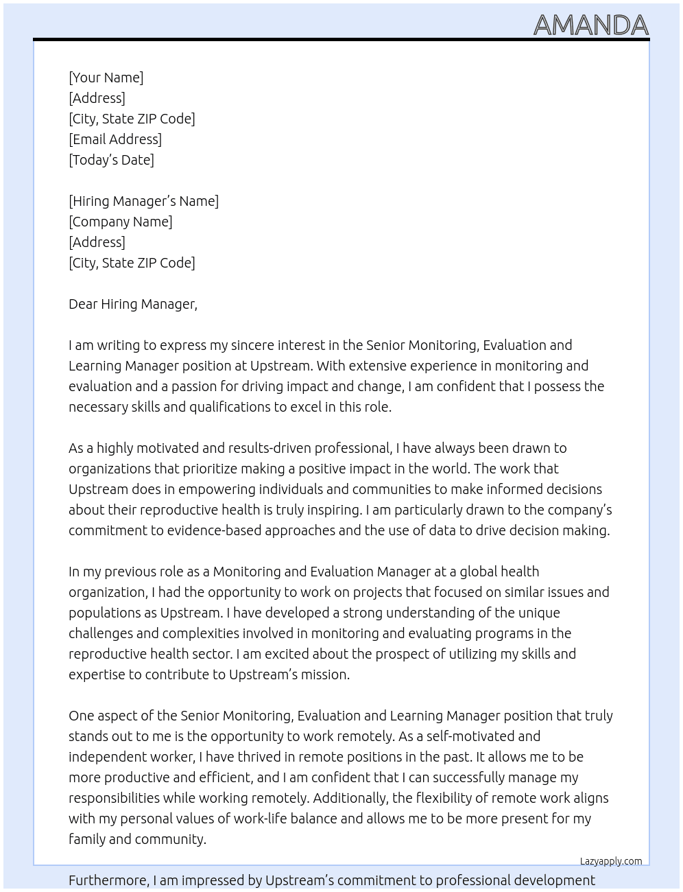 Senior Monitoring, Evaluation and Learning Manager At Upstream Cover Letter