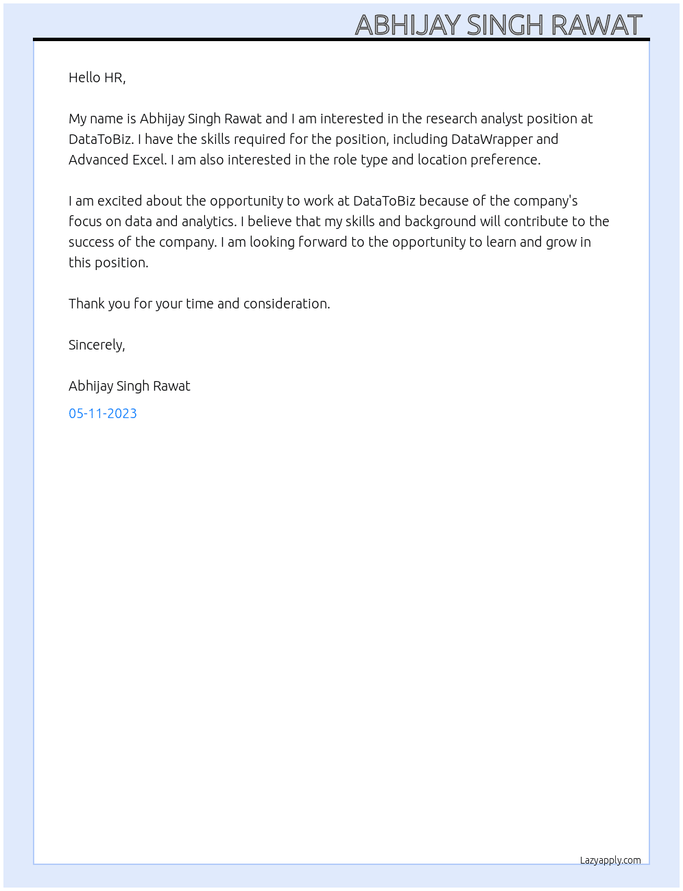 Research analyst At DataToBiz Cover Letter