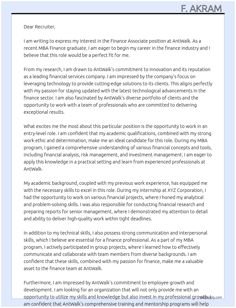 Finance Associate At AntWalk Cover Letter