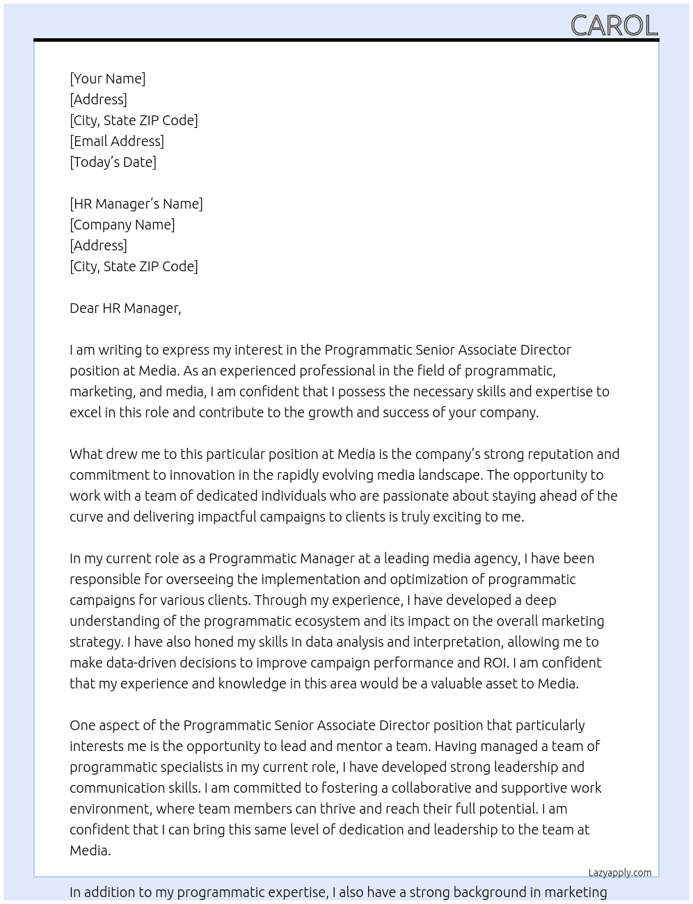 Programmatic senior associate director At Media Cover Letter