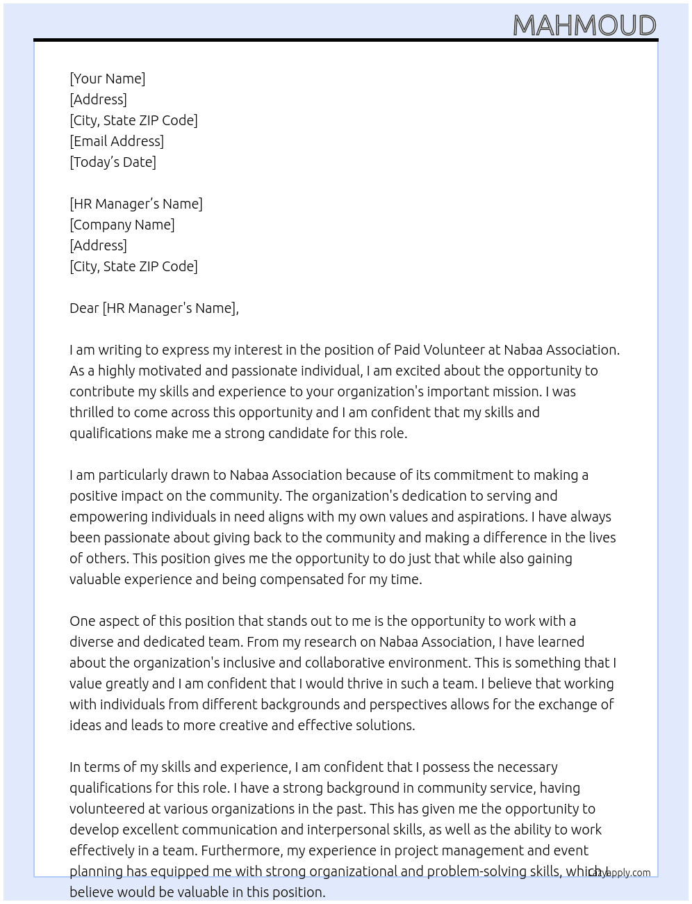 Paid volunteer  At Nabaa Association  Cover Letter
