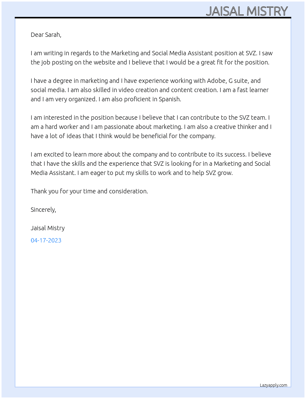 Marketing and Social Media Assistant At SVZ Cover Letter