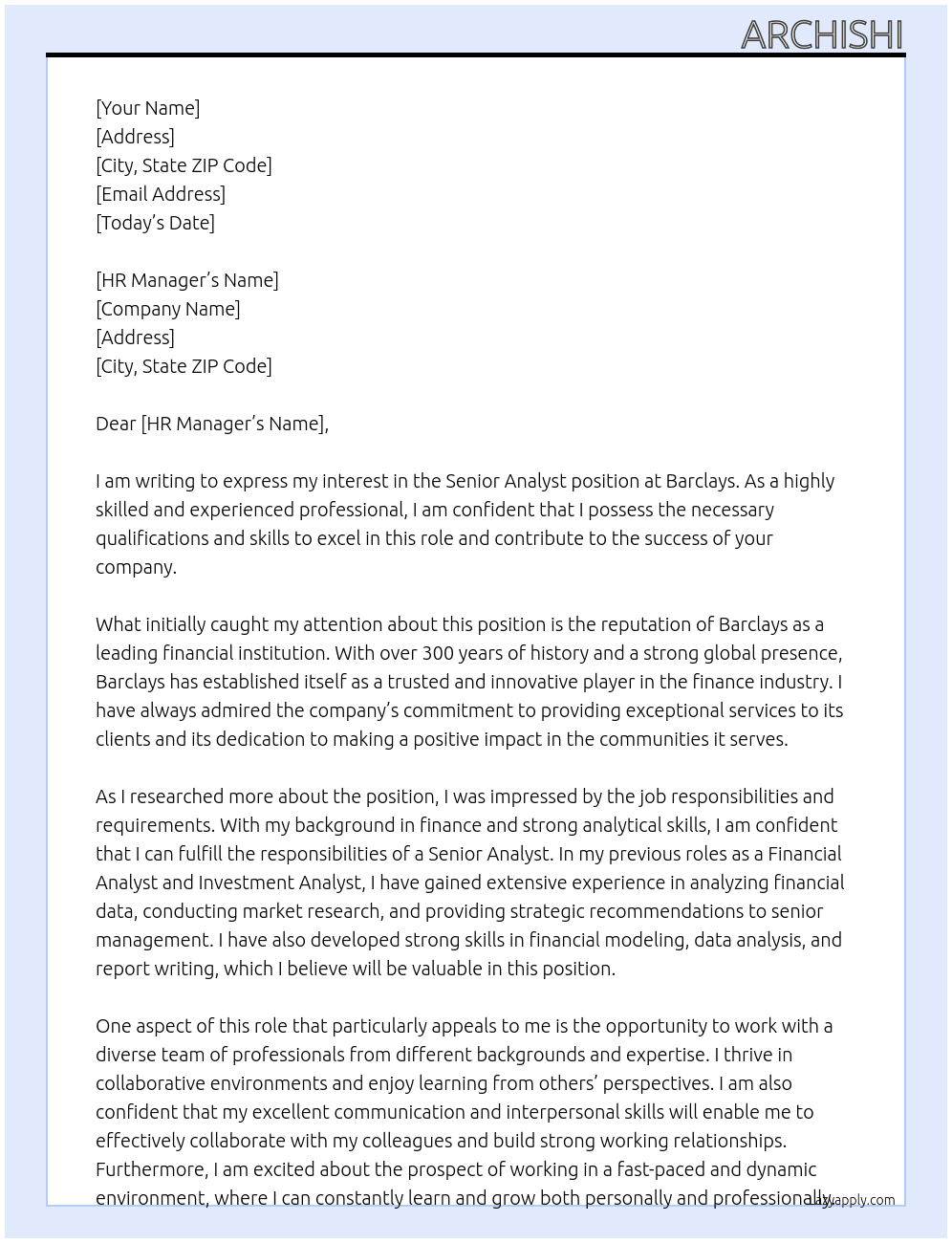 Senior Analyst At Barclays Cover Letter