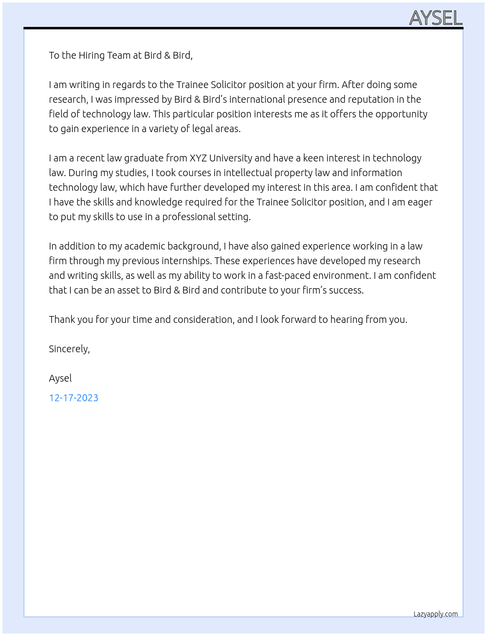 Trainee Solicitor  At Bird & Bird Cover Letter