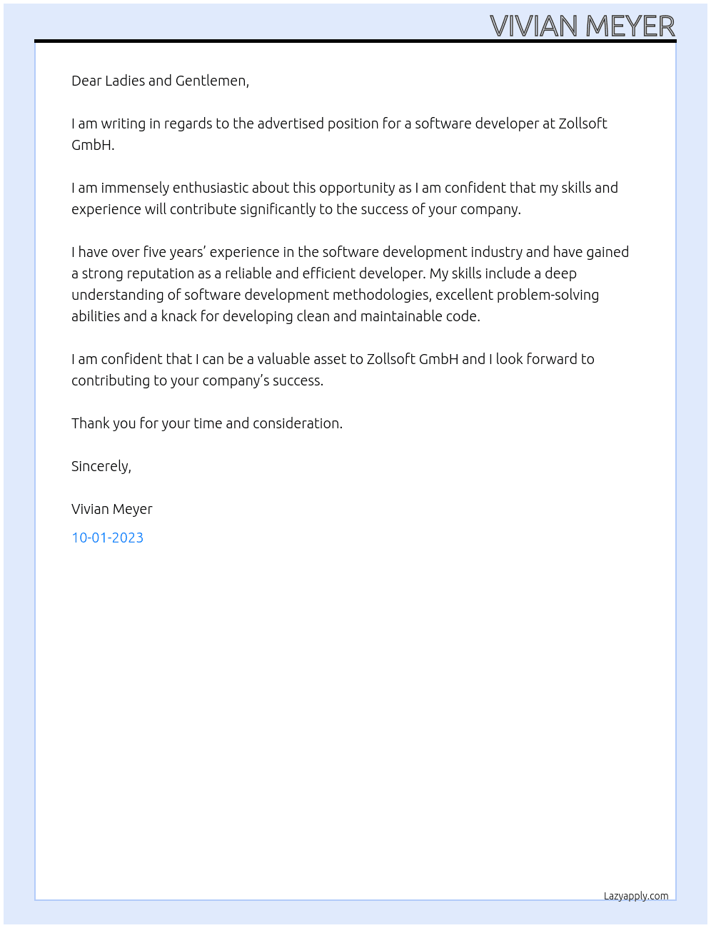 software developer At Zollsoft GmbH Cover Letter