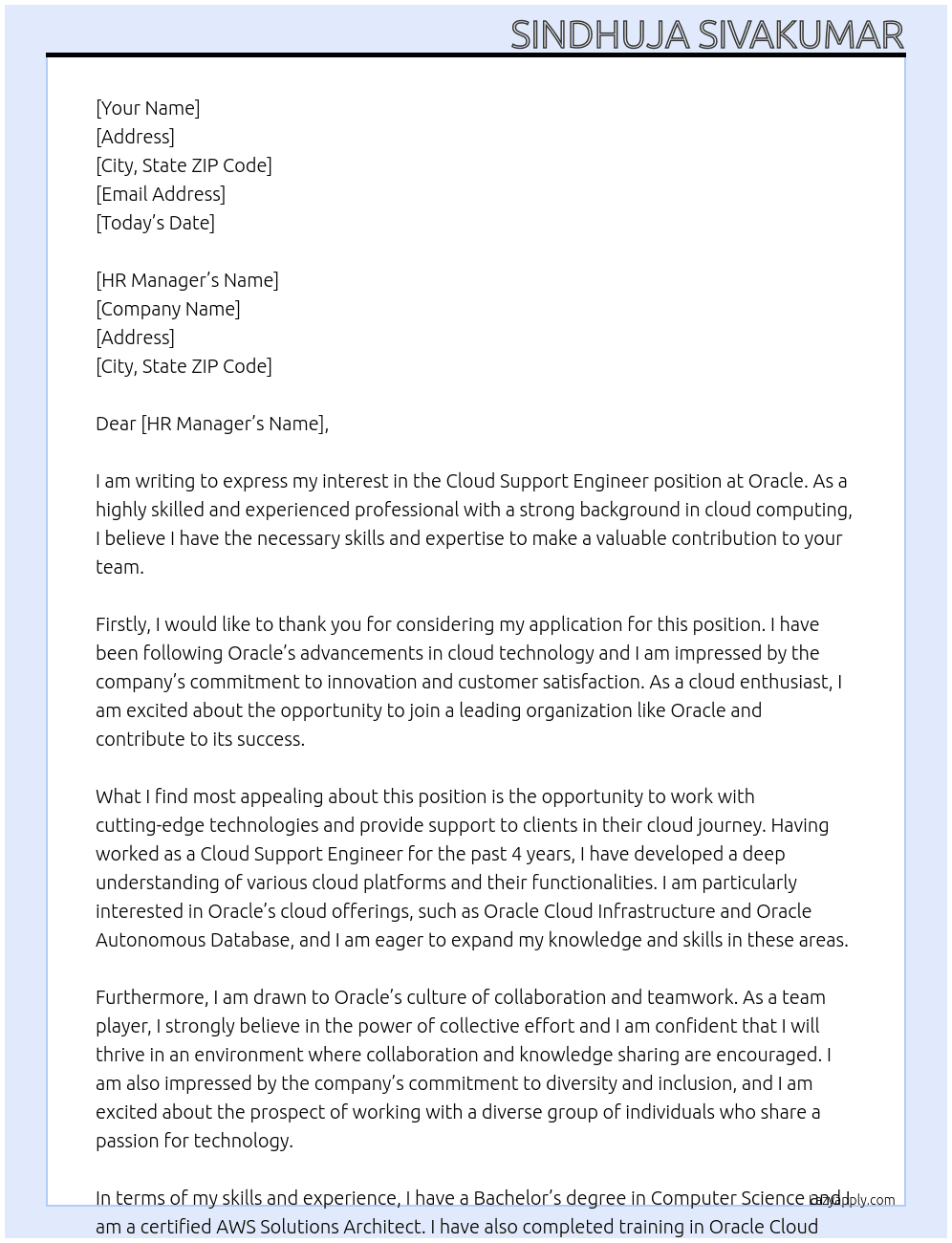 cloud support engineer At Oracle Cover Letter