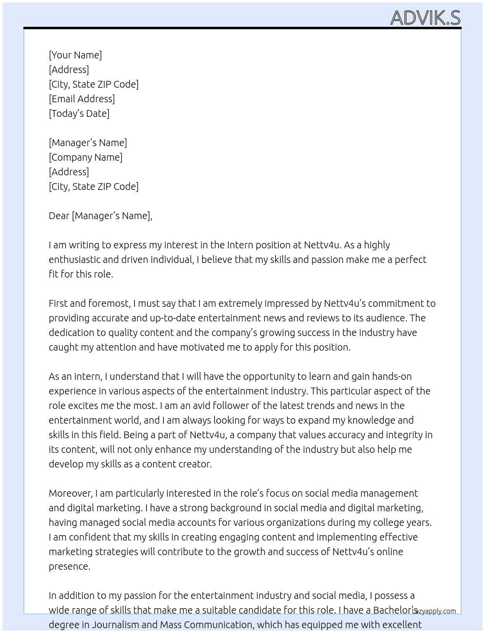 Intern At Nettv4u Cover Letter