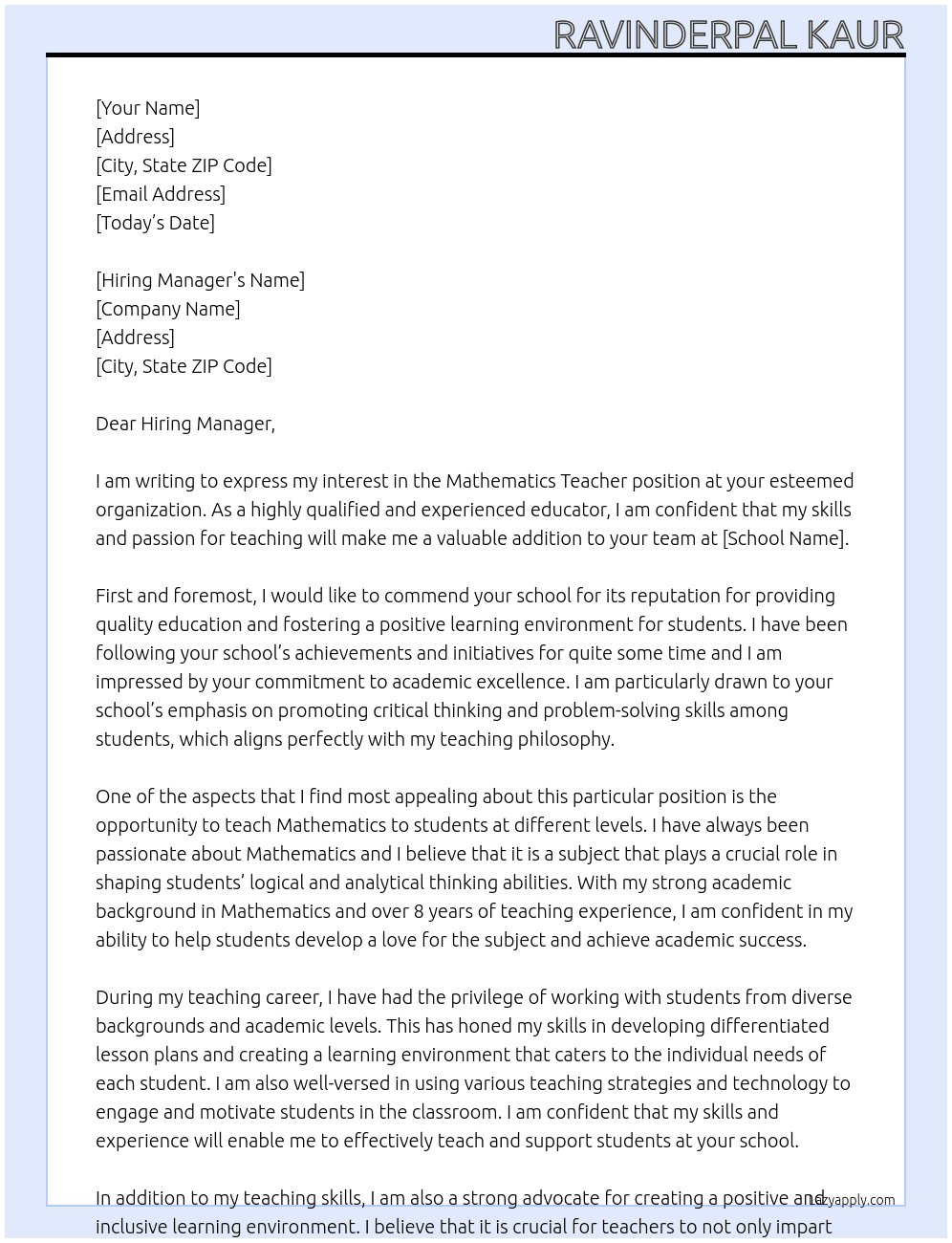 Mathematics Teacher At School Cover Letter