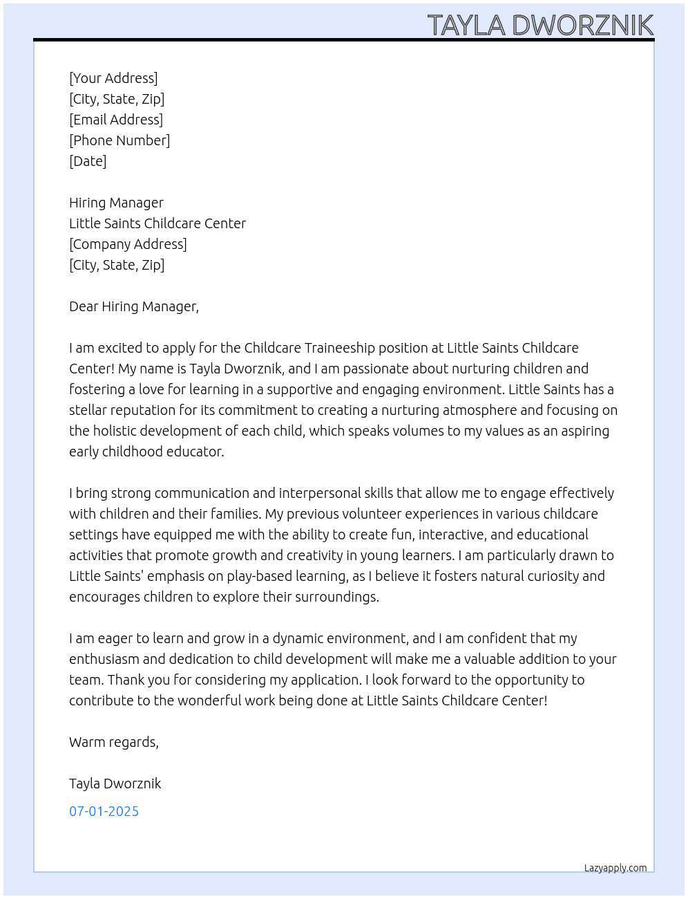 childcare Traineship At Little Saints Childcare Center  Cover Letter