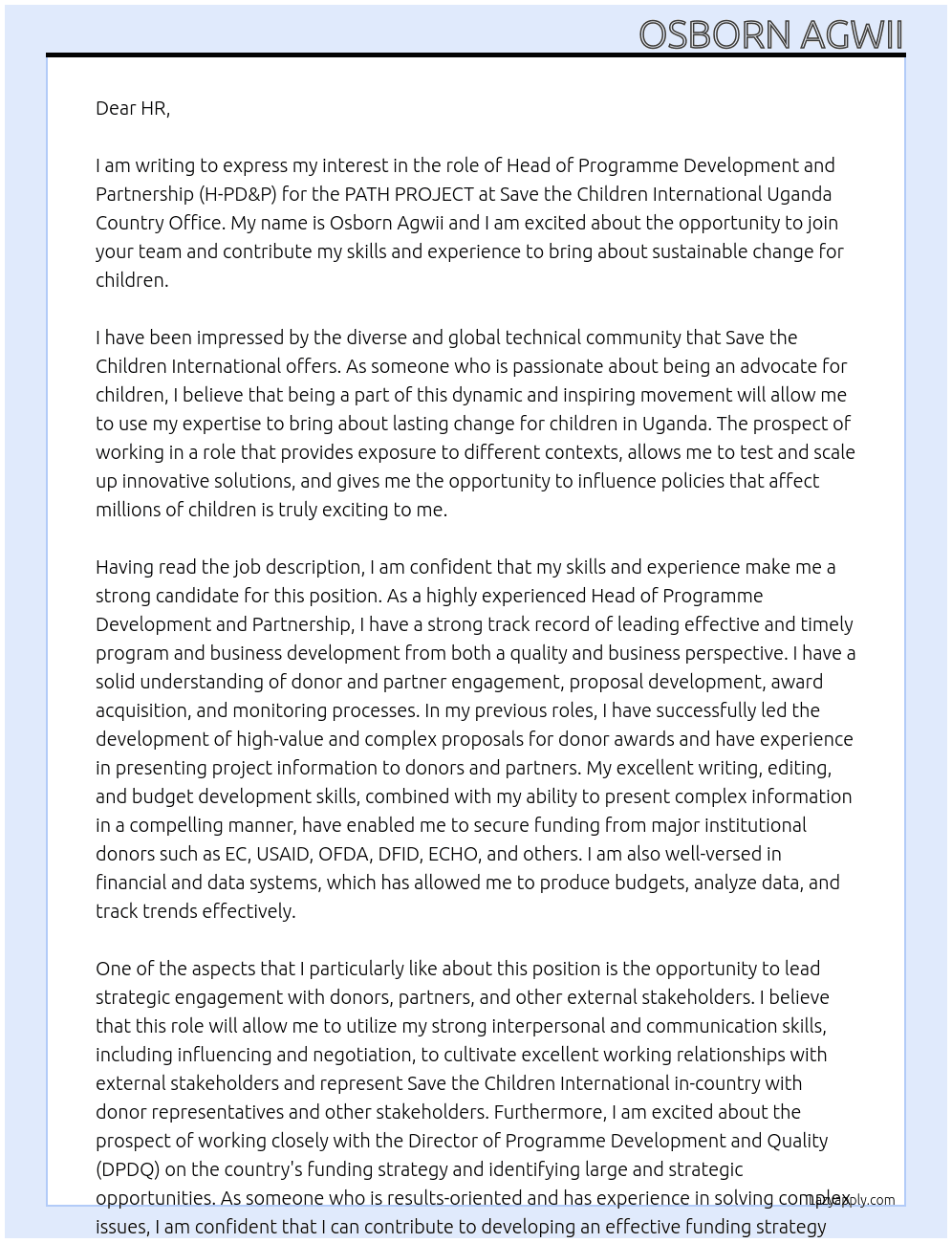 PROJECT MAHead of Programme Development and PartnershipNAGER-PATH PROJECT At Save the Children International Uganda Country Office Cover Letter