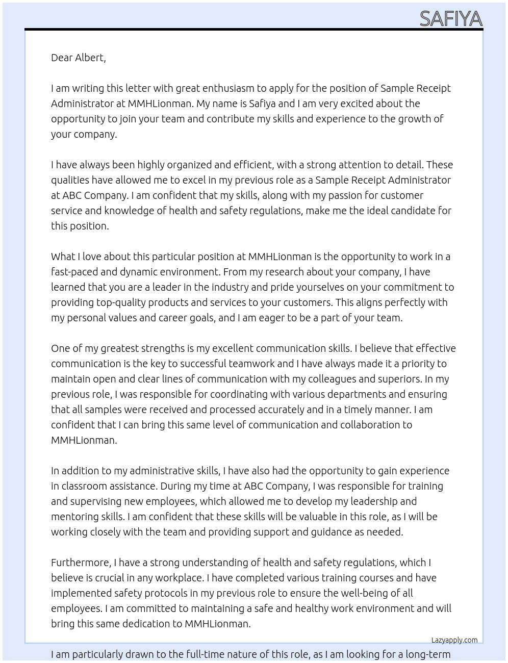  Sample Receipt Administrator At MMHLionman Cover Letter
