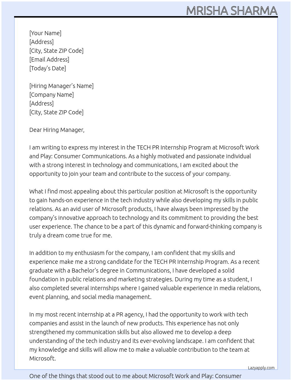 TECH PR INTERNSHIP PROGRAM: At  Microsoft Work and Play: Consumer Communications Cover Letter