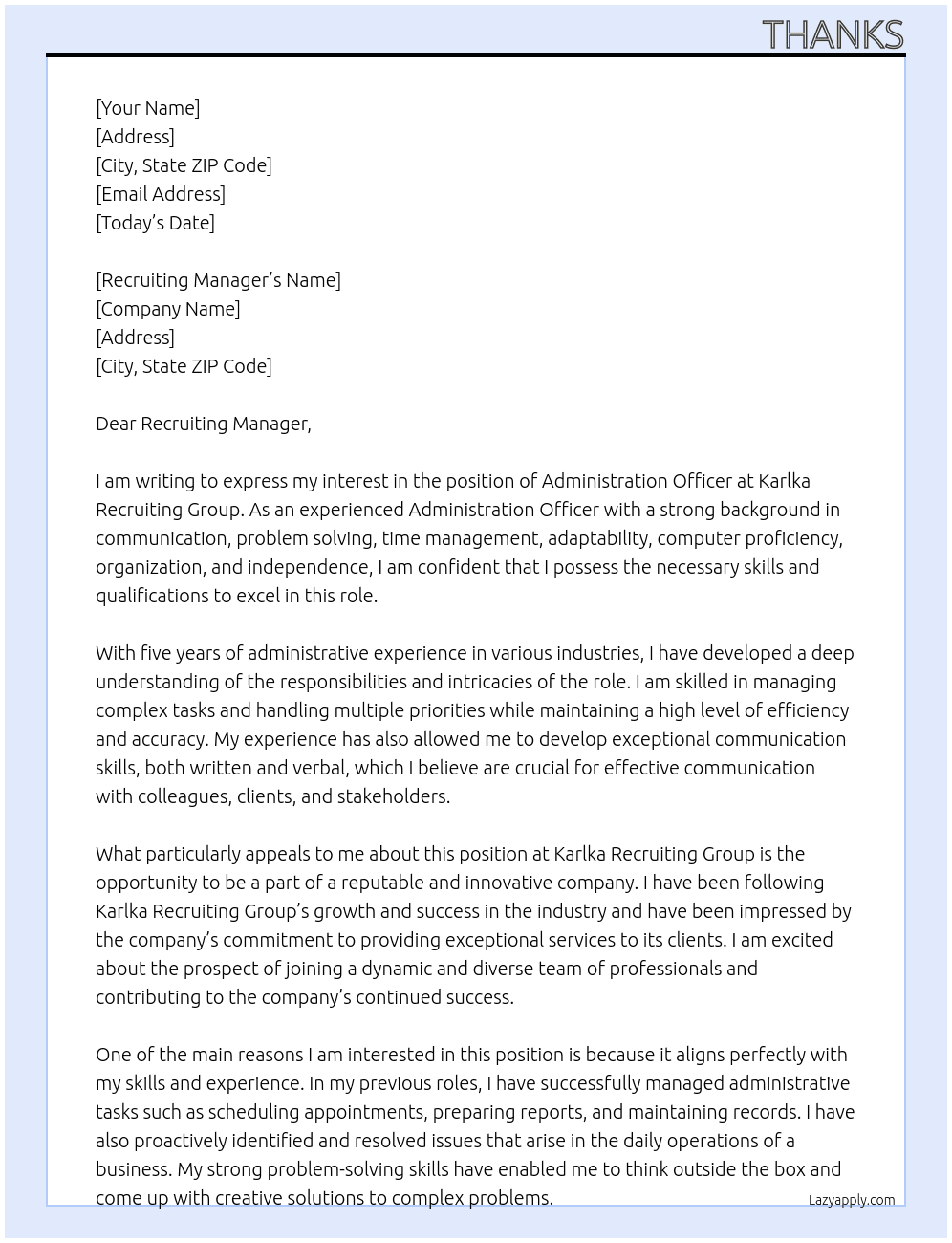Administration Officer At Karlka Recruiting Group Cover Letter