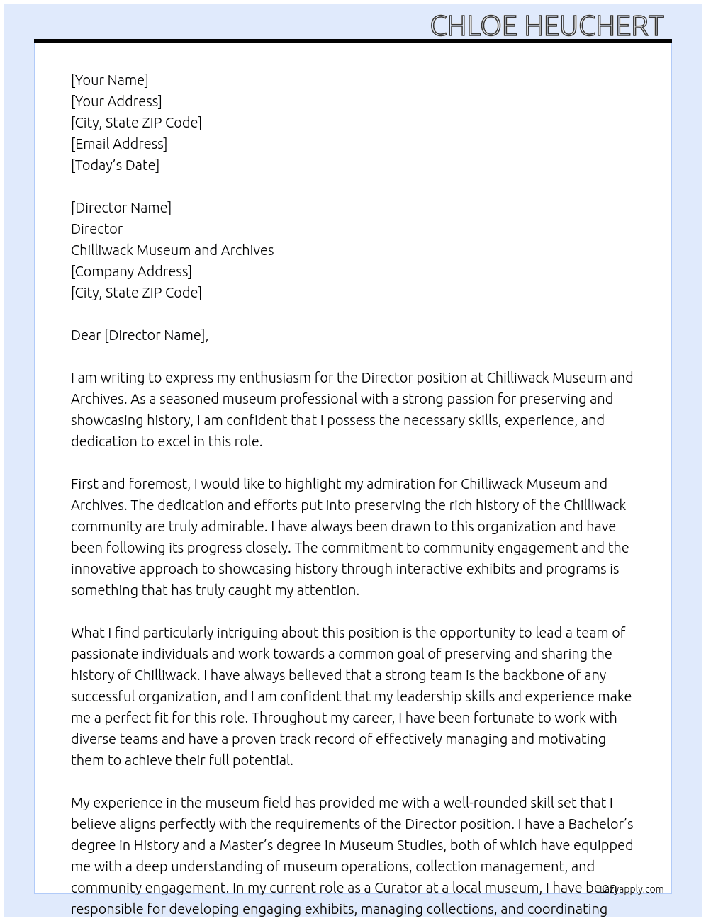 Director  At Chilliwack Museum and Archives  Cover Letter