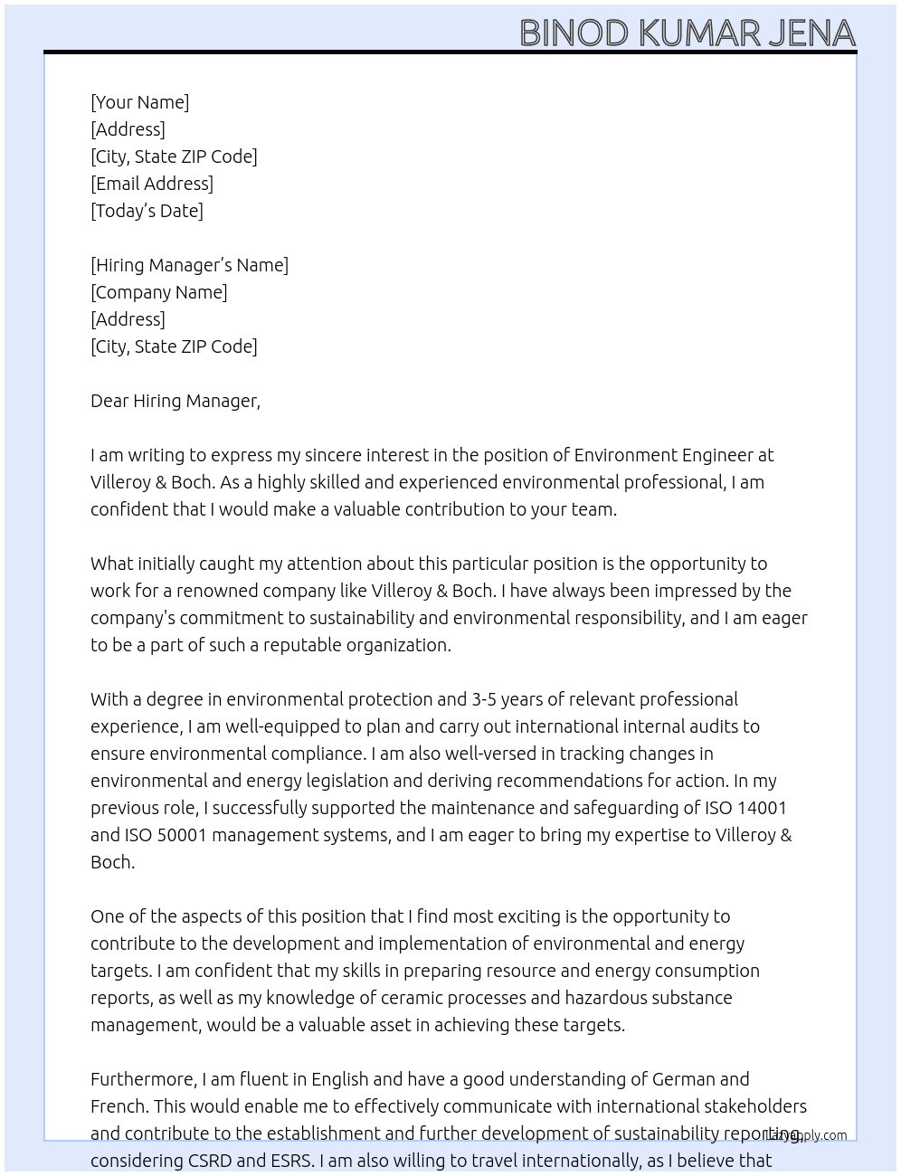 ENVIRONMENT ENGINEER At Villeroy & boch Cover Letter