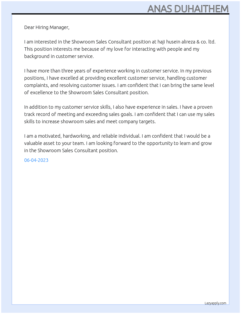 Showroom Sales Consultant At haji husein alireza & co. ltd Cover Letter