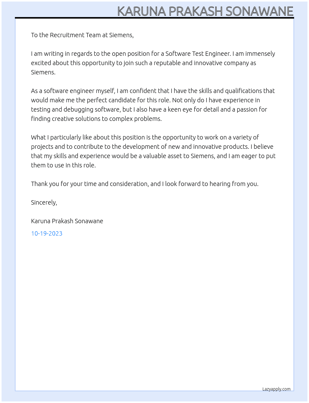 Software Test Engineer At Siemens Cover Letter