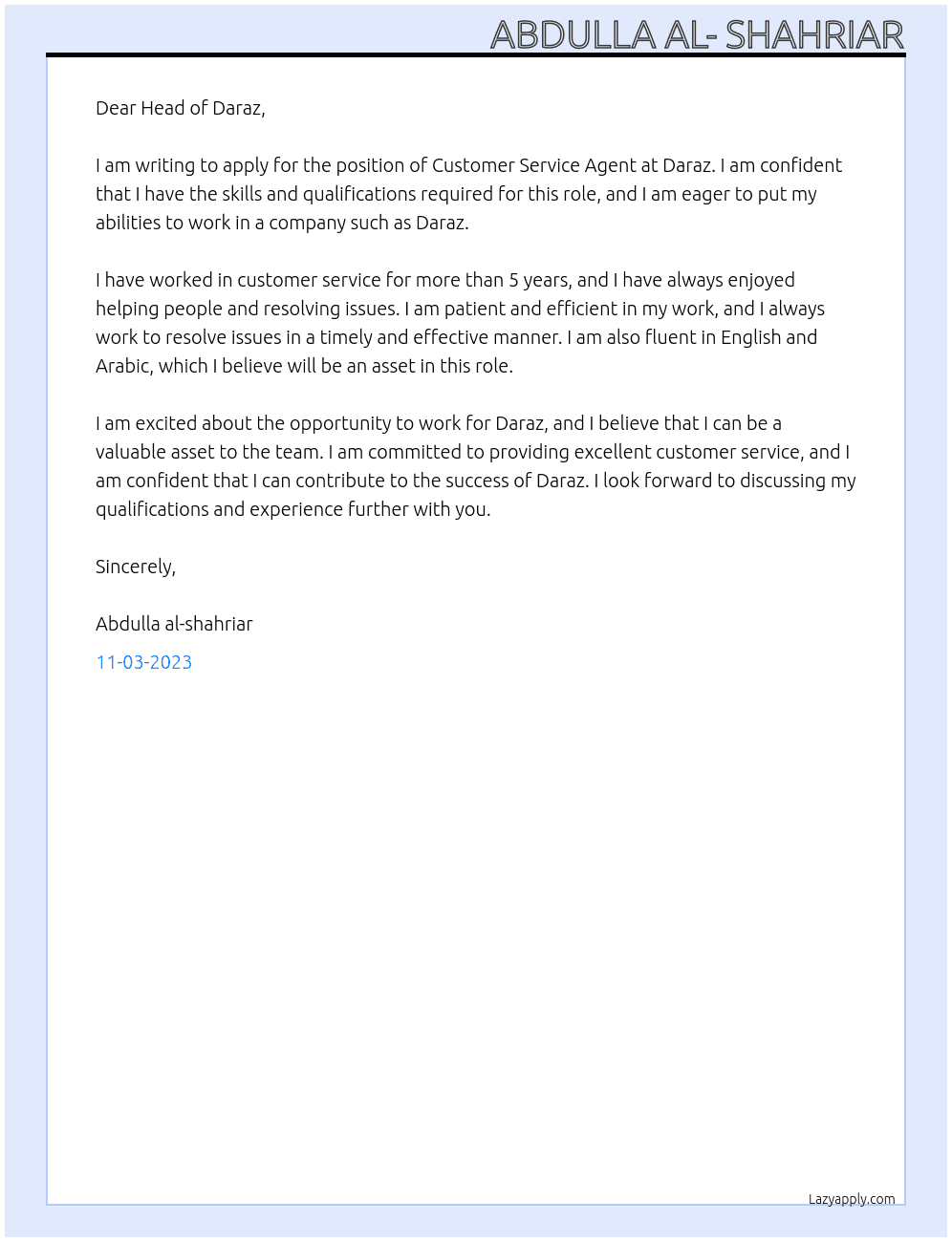 Customer Service Agent At Daraz Cover Letter