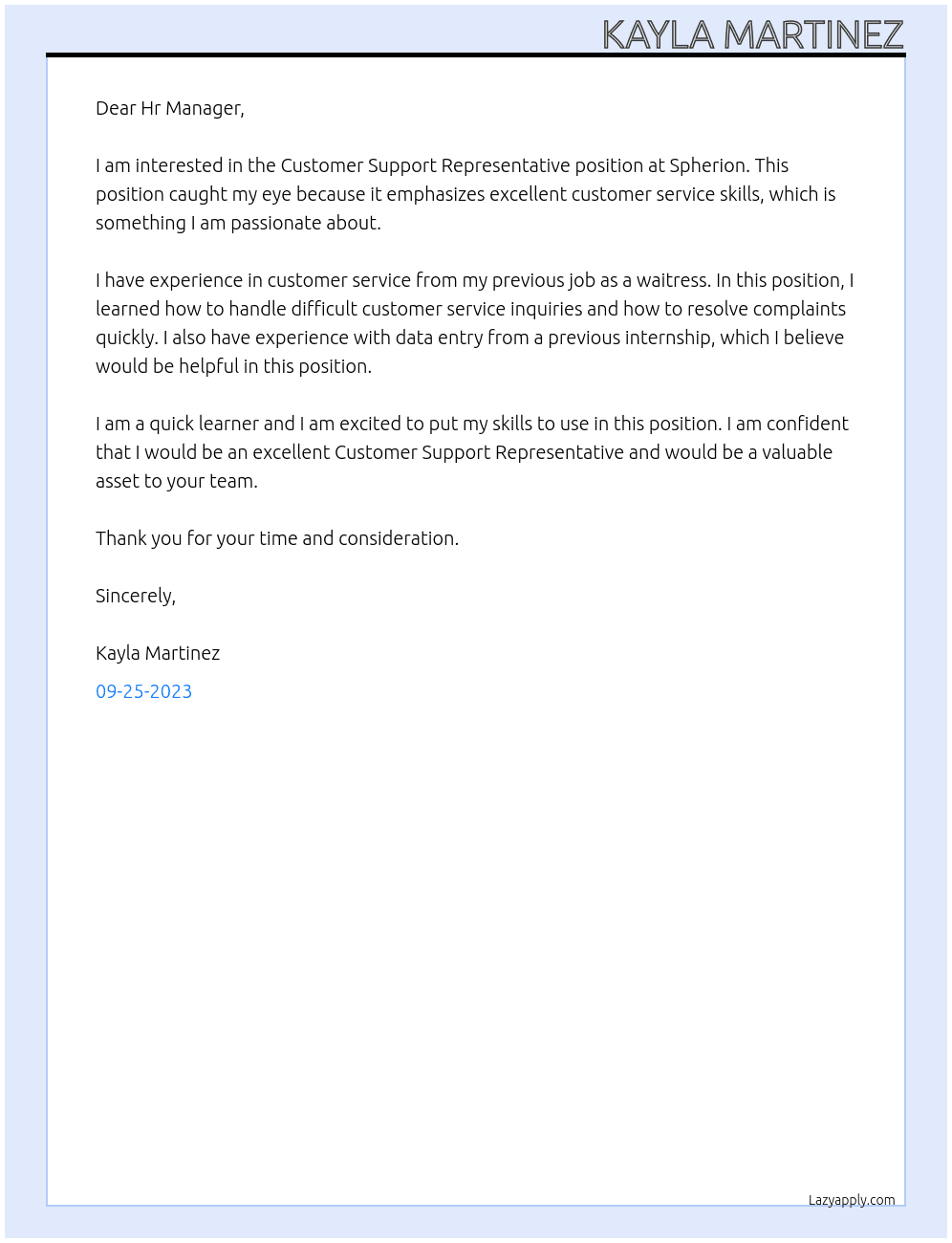 Customer Support Representative At Spherion Cover Letter