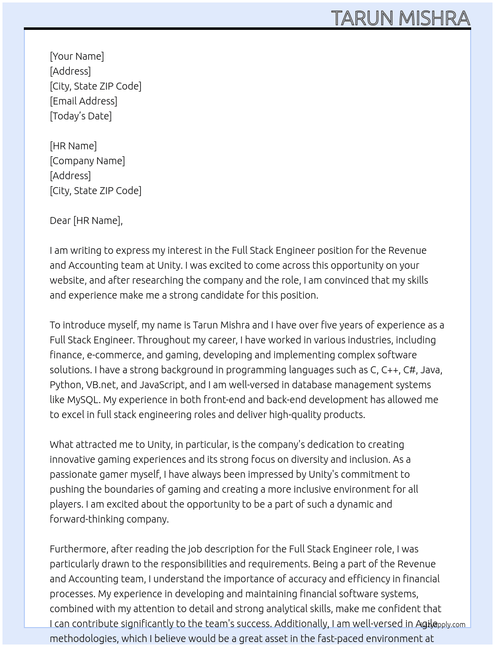 Full Stack Engineer, Revenue, Accounting At Unity Cover Letter