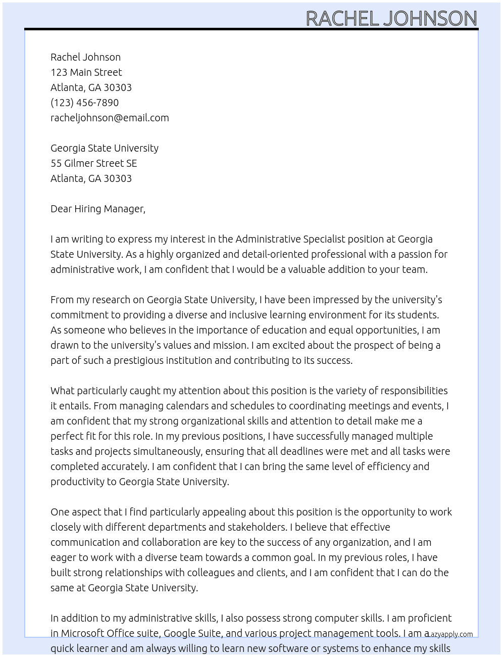Administrative Specialist  At Georgia State University  Cover Letter
