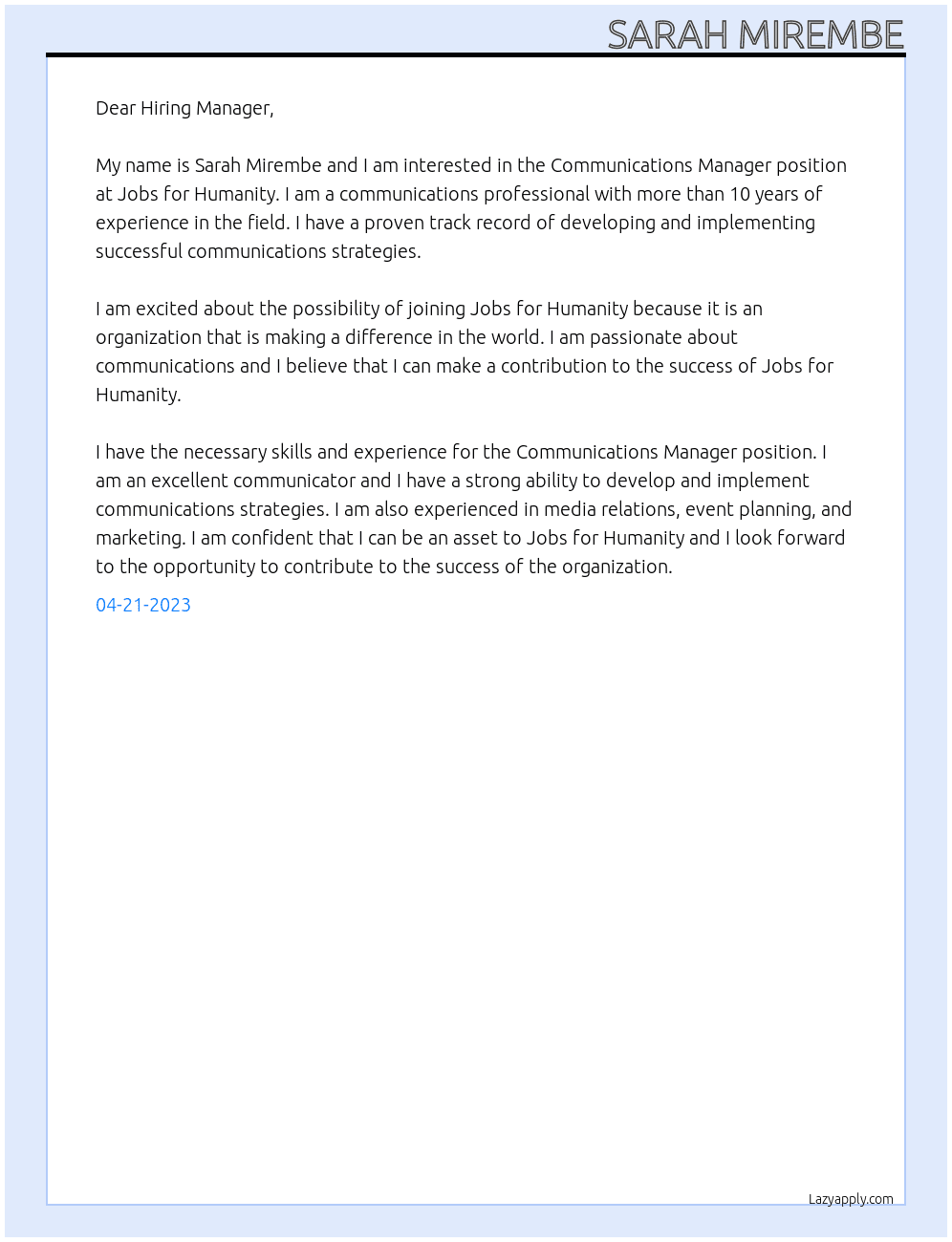 Communications Manager At Jobs for Humanity Cover Letter