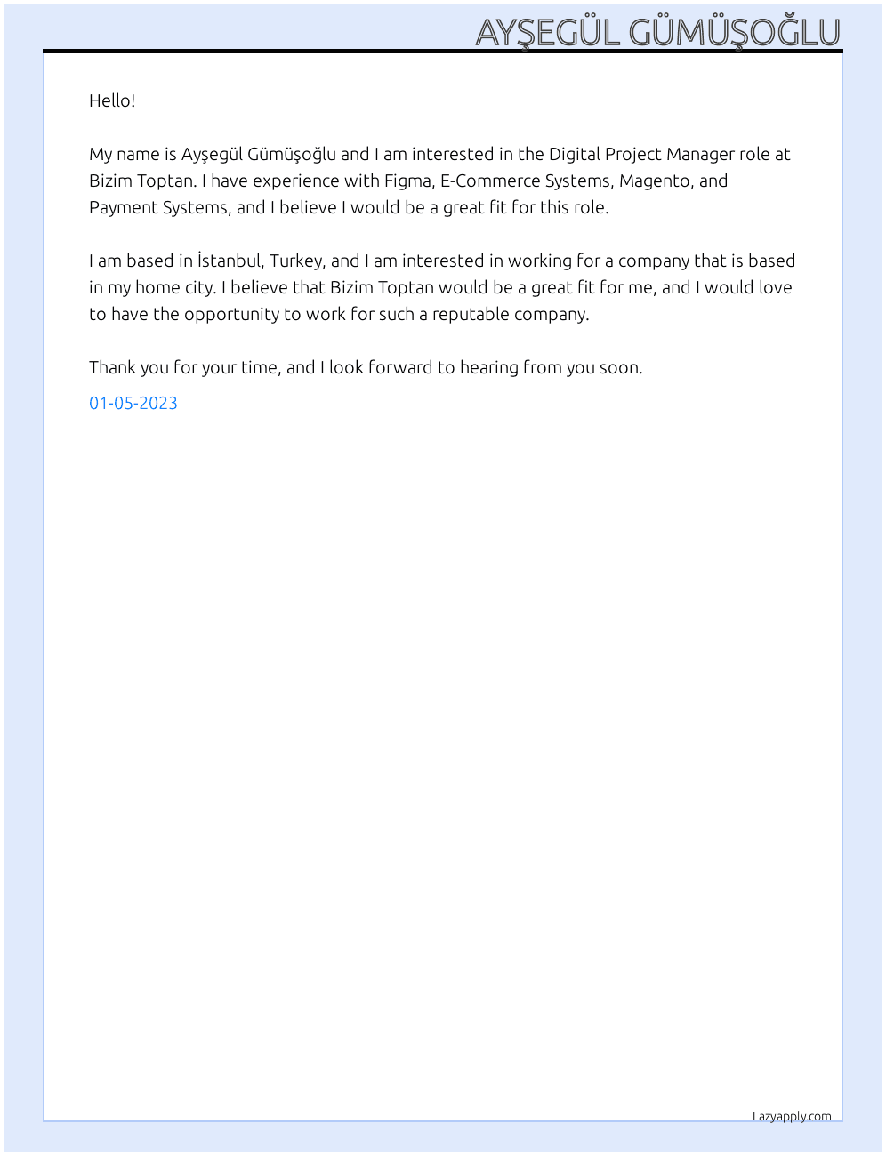 Digital Project Manager At Bizim Toptan Cover Letter